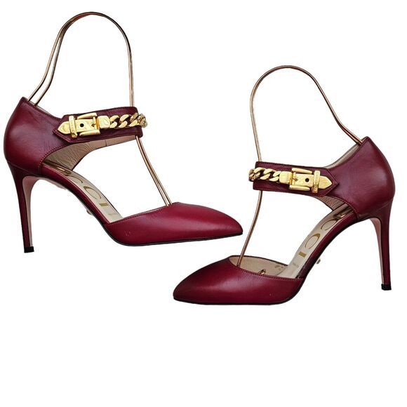 Gucci Malaga Kid Sylvie Gold Chain Pumps Heels Size 37 US 7 Burgundy Red Pointed - Picture 3 of 12
